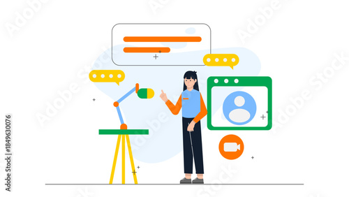 Podcast Team Recording Remote Interview. Flat Vector Business Illustration