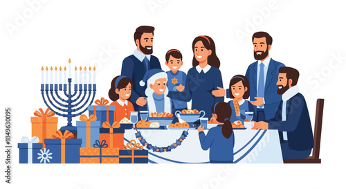 Happy Jewish Family Celebrating Hanukkah Together Around a Festive Table.