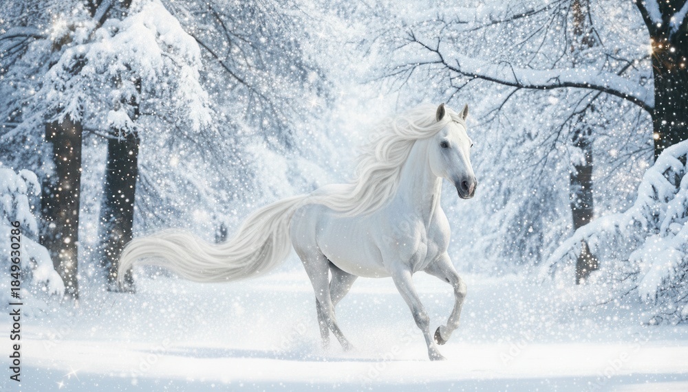 Fototapeta premium Majestic white horse running through a snowy forest with magical sparkle effects 