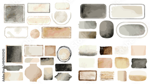 Soft watercolor ceramic and kitchenware set with plates bowls and containers in neutral tones. Minimal household objects isolated on white for interior and lifestyle design.