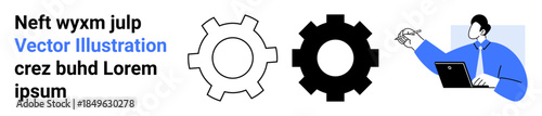 Engineer working on laptop near two gear icons representing innovation, teamwork, problem-solving, and industrial processes. Ideal for engineering, project planning, teamwork, workflow, technology