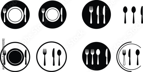 Set of Eight Black and White Table Setting Icons, Plates and Cutlery, Formal and Informal Dining Arrangements, Vector Illustration for Menus