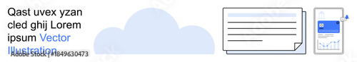 Cloud computing, document management, mobile apps, data analysis, remote access, digital storage. Blue cloud, document icon and mobile interface with analytics. Cloud computing and document
