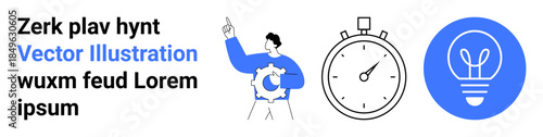 Time management, creative thinking, task planning, productivity, workflow, innovation. A person pointing, a stopwatch and a lightbulb symbol. Creative thinking and innovation conceptual theme