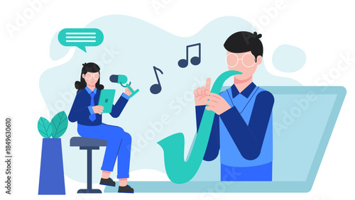Musician Collaborating Remotely on Recording. Flat Vector Business Illustration