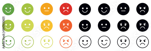 Emoji face expressions set showing happy, sad, angry, neutral, smiley and frown emotions. Colorful round emoji faces useful for UI, chat apps, feedback ratings, messaging, and social media graphics.