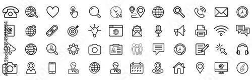 Communication and contact line icons set showing phone, email, chat, location, user, globe and message symbols for apps, websites, UI, customer support, business and digital interface use.
