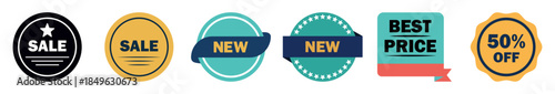 Sale badge icon set featuring discount labels, new arrival tags, best price signs, and percentage off marks, perfect for ecommerce offers, pricing, promotions, and online shopping visuals.