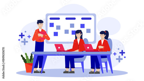 Scrum Master Facilitating Daily Standup Meeting. Flat Vector Business Illustration