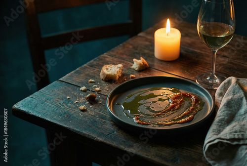 Romantic Dinner Setting with Wine, Candle, and Rustic Food