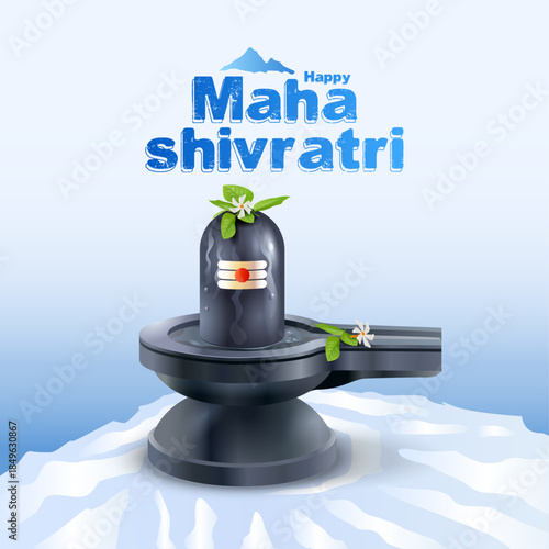 Beautiful Maha Shivratri greeting card featuring a sacred Shiva Lingam decorated with bilva leaves and flowers. Clean and minimal blue background design suitable for festival greetings.