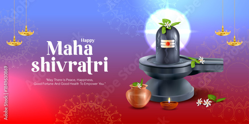Spiritual Maha Shivratri design featuring Lord Shiva Lingam with divine glowing light, traditional lamps and ritual elements. Ideal for devotional posters, banners, festival greetings and spiritual.