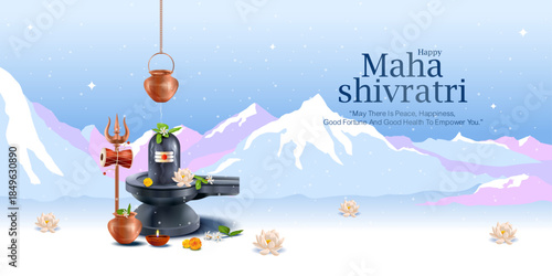Peaceful Maha Shivratri illustration showing Shiva lingam, trishul, damru and sacred offerings with Himalayan mountains in the background. Perfect for spiritual banners, festival greetings, posters.
