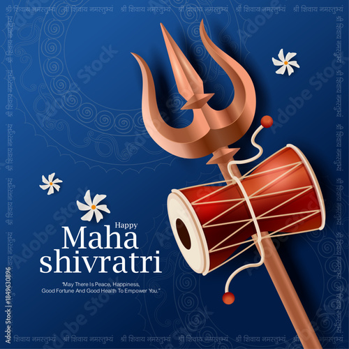 Elegant Maha Shivratri greeting vector featuring Lord Shiva’s trishul and damru on a deep blue ornamental background. Ideal for festival posters, greeting cards, social media creatives, banners.