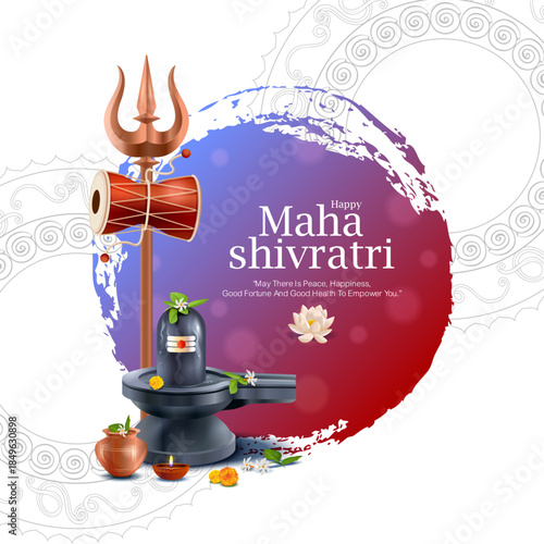 Creative Maha Shivratri vector illustration with Shiva lingam, trishul and damru placed over a modern brush stroke circle. Ideal for posters, flyers, digital greetings, invitations and festival promo.