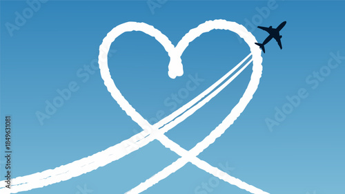 Airplane drawing a beautiful white heart shape in the vast blue sky, symbolizing love, travel, and romantic journeys high above the clouds