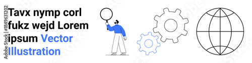 Individual holding a circle, gears and globe outline symbolizing teamwork, technology, global connectivity, problem-solving, creativity, innovation, ideas. Ideal for branding apps presentations