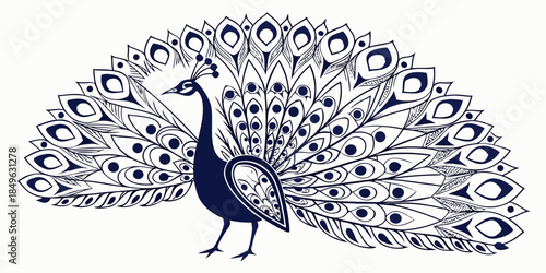 Ornate illustration of a magnificent peacock displaying its elaborate fan of feathers, symbolizing beauty, grace, and pride in a stylized artistic rendering