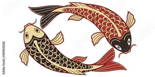 Elegant illustration of two intertwining ornamental koi fish in a graceful circular pattern, symbolizing harmony and good fortune in a traditional artistic style