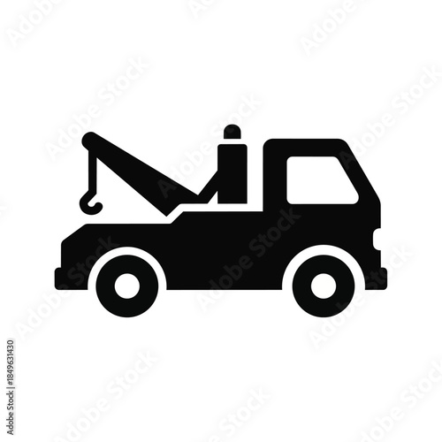 A black silhouette of a tow truck vector against a clean white background with a simple graphic design.