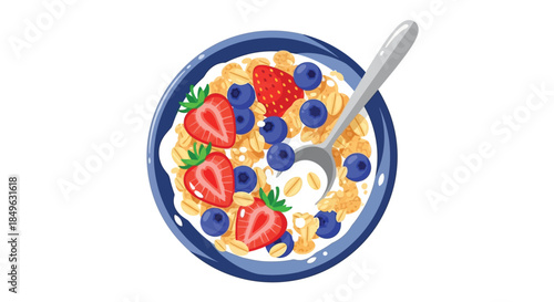 Delicious breakfast cereal with fresh berries and milk in a blue bowl.