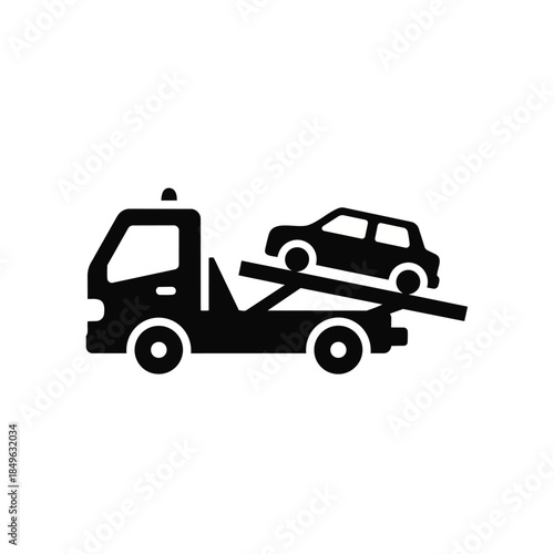 A black vector graphic of a tow truck carrying a car on a flatbed against a white background with simple lines and shapes.