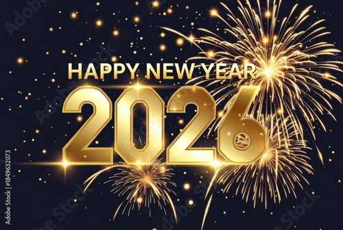 Happy New Year 2026 Gold Text with Fireworks