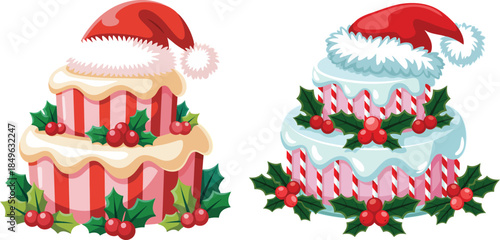 Holiday-themed tiered cakes with santa hats