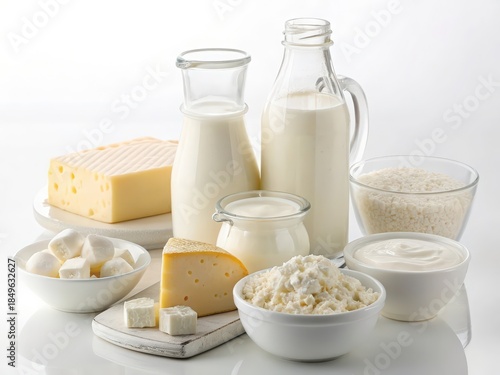 Fresh dairy products assortment with milk, cheese, butter, yogurt and cottage cheese arranged on a clean white background, symbolizing farm freshness, nutrition and healthy food