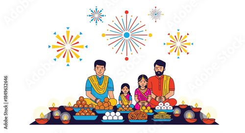 Indian Family Celebrating Festival with Sweets and Diyas.