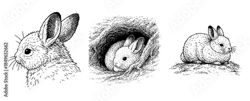 野うさぎ（日本うさぎ）のペン画イラストセット（警戒・巣穴で休む・地面で休息）、　Wild Japanese Hare Pen Illustration Set (Alert, Resting in Burrow, Sitting Rest)