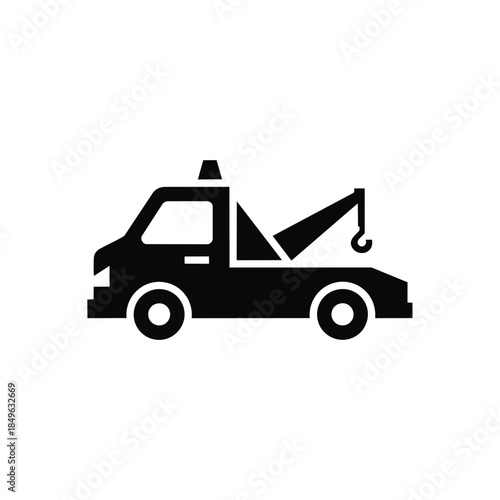 A black silhouette of a tow truck vector against a clean white background with a simple graphic design.