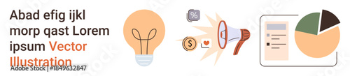 Digital marketing, business strategy, advertising campaigns, financial growth, presentation, and innovation. Light bulb, megaphone pie chart and documents. Business strategy and digital marketing