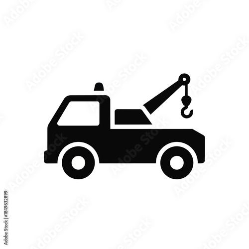 A simple black silhouette of a tow truck vector icon with a hook and cabin, against a clean white background.