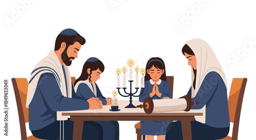 Jewish Family Engaged in Religious Ritual at Table.