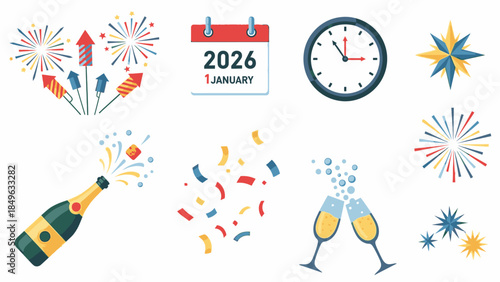 Colorful flat lay of Happy New Year 2026 celebration icons including fireworks, champagne, and confetti against a clean white background with a joyful and festive mood.