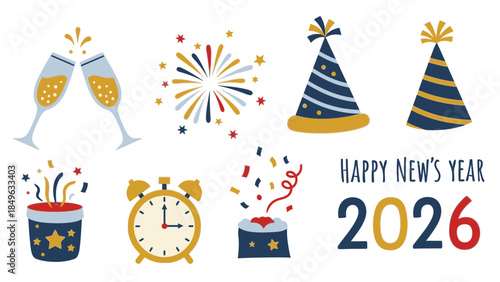 Colorful flat lay illustration of Happy New Year 2026 celebration icons on a white background with festive mood.