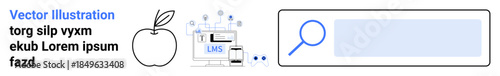 Education technology, e-learning, online teaching, digital resources, knowledge search, school systems. Apple icon and LMS interface with magnifying glass. Education technology and e-learning concept