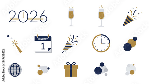 Flat lay of Happy New Year 2026 icons in gold and blue tones on a white background with party elements and calendar.