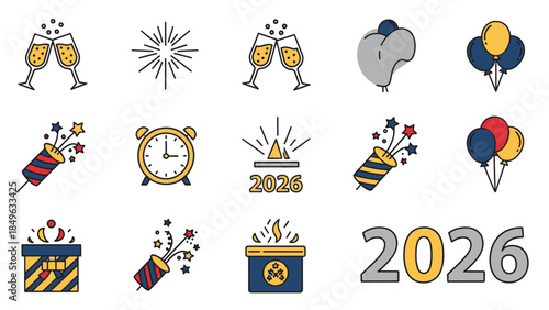 Colorful graphic illustrations celebrating Happy New Year 2026 with festive icons and symbols on a clean white background.