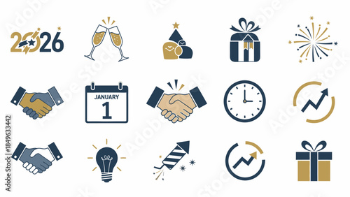 Flat lay of various Happy New Year 2026 icons and symbols on a white background, including champagne, gifts, and calendar, conveying a celebratory mood with gold and blue tones.