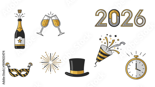 Flat lay illustration of Happy New Year 2026 celebration icons including champagne bottle, glasses, party hat, noisemaker, clock striking midnight against a clean white background with gold