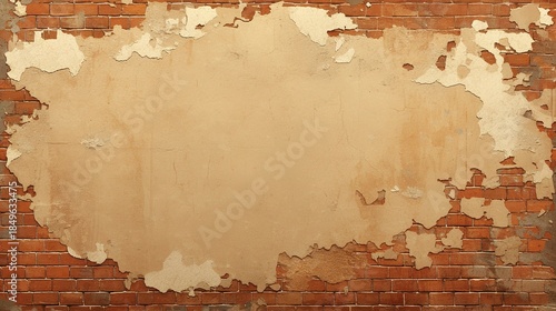Vintage old red brick wall textured background, cracked plaster & broken bricks/cement, wide banner with copy space for design, wallpaper & visual projects.