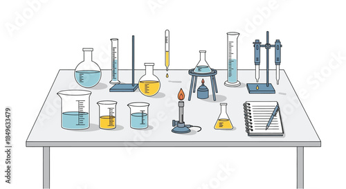 Various laboratory glassware and equipment arranged on a white table for scientific experiments.
