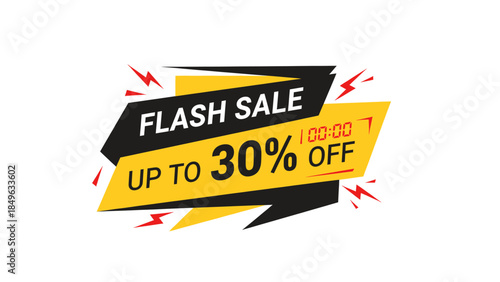 Dynamic flash sale banner with up to 30% off promotion and countdown timer graphic design.