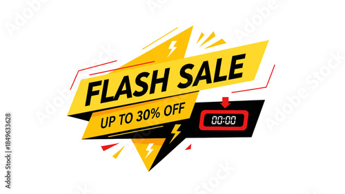 Dynamic yellow and black flash sale banner with 'Up to 30% Off' text and a digital timer, ideal for promotional marketing.
