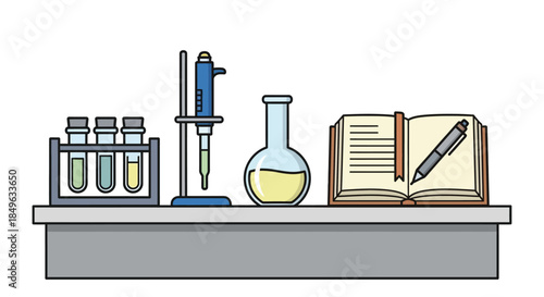 Science laboratory equipment on a desk with a book and pen.