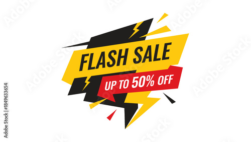 A dynamic graphic banner announcing a 'FLASH SALE UP TO 50% OFF' with yellow, black, and red elements, featuring lightning bolt designs for a striking promotional message.