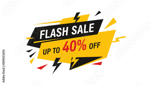 Dynamic yellow and black flash sale banner with lightning bolts, advertising up to 40% off discounts.