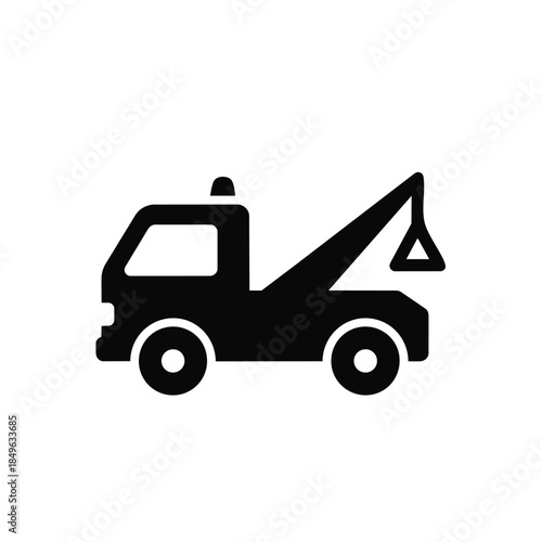 Vector graphic of a black tow truck on a white background with a simple, flat design and bold lines.